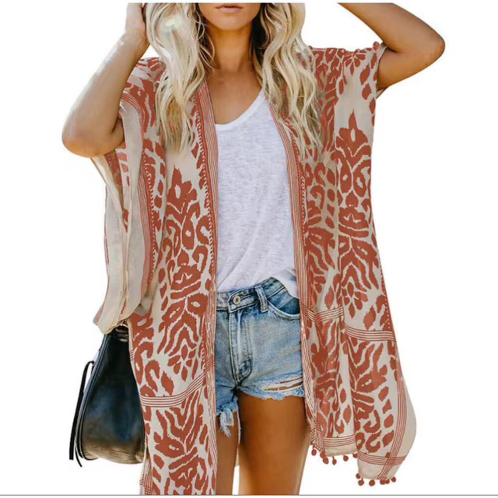 Women Beach Long Floral Print Kimono Tassel Casual Cardigan Loose Cover One size
